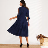 Summer New Fashion WomenDress Waist Solid Color Round Leader Hollow Pearl Bow Decoration Ol Sweet All-match Dress